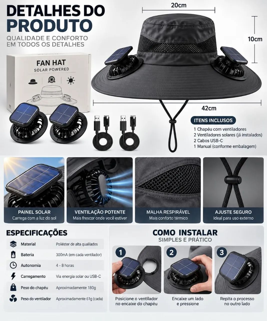 Chapéu Com Ventilador Solar Duplo Proteção contra o Sol - Foto 3