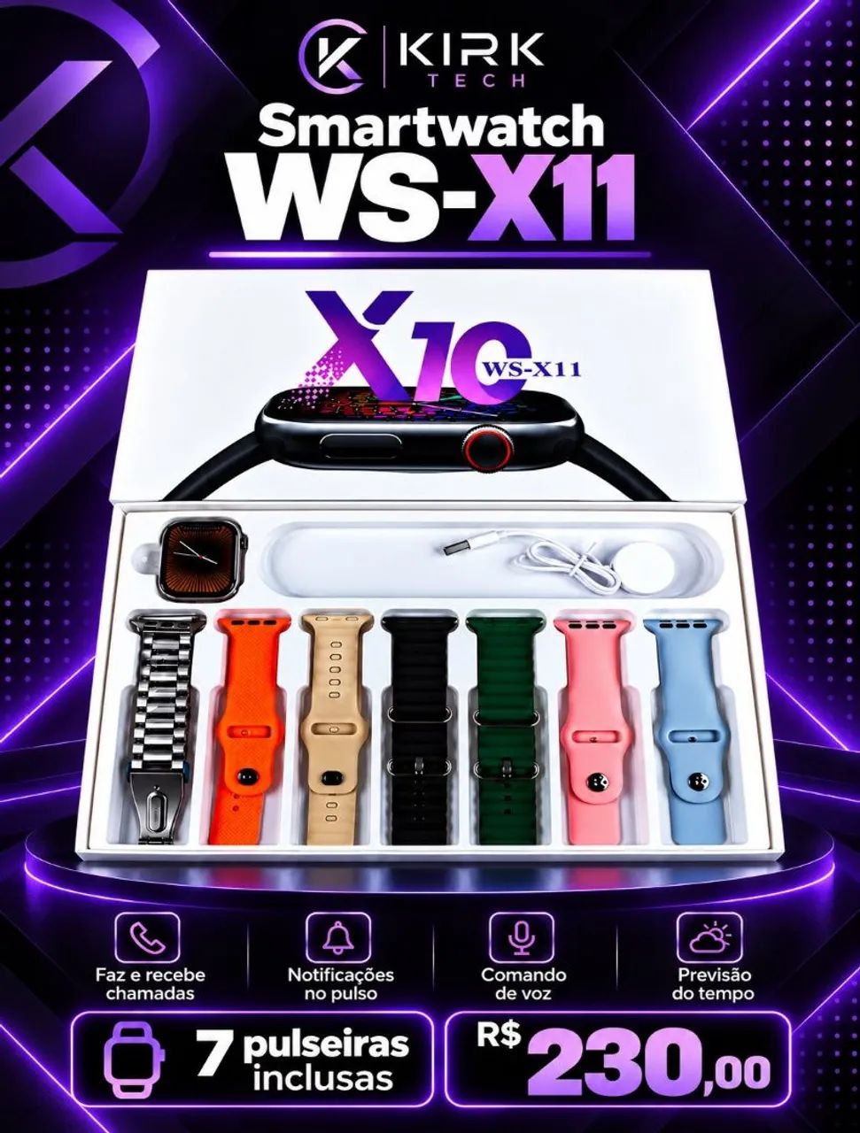 Smartwatch WS - x11 acompanha 7 pulseiras 