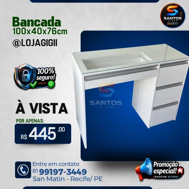 Mesa com Tampa de Vidro e 4 Gavetas
