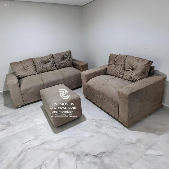 Conjunto Sofá 2 e 3 Lugares Puff Suede Marrom Claro D33 Premium - Foto 4