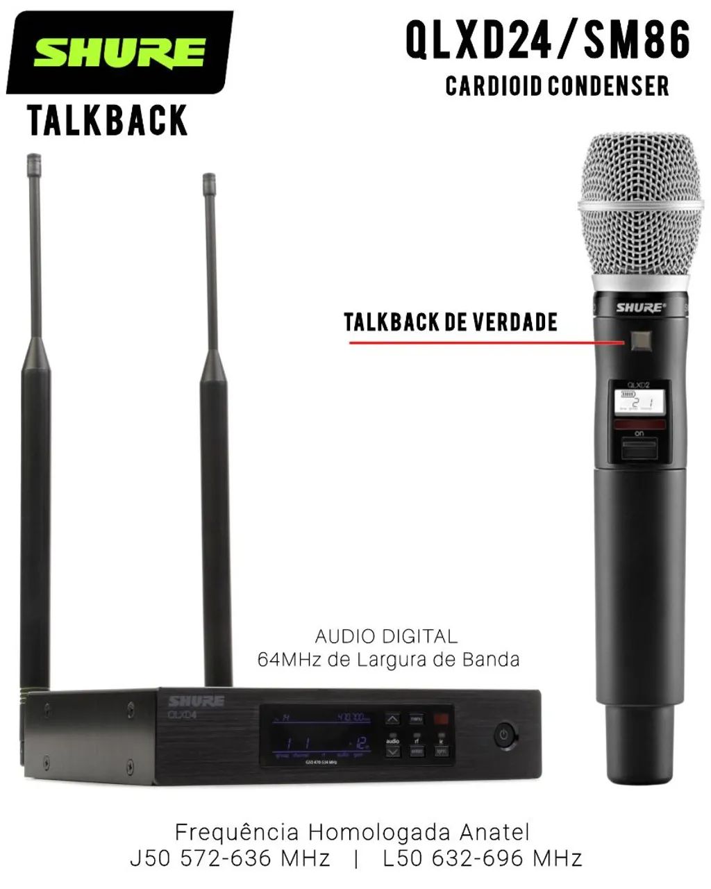 Microfone Digital Profissional Com TALKBACK, SHURE QLXD24 SM86 Condensador Cardioide