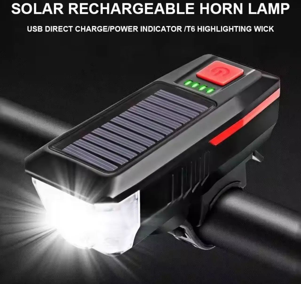 Farol de Bicicleta Recarregável Solar com Buzina