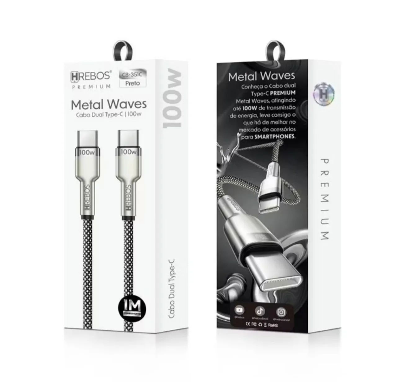 Cabo Dual Type-C 100W Metal Waves HREBOS Premium - 1 metro