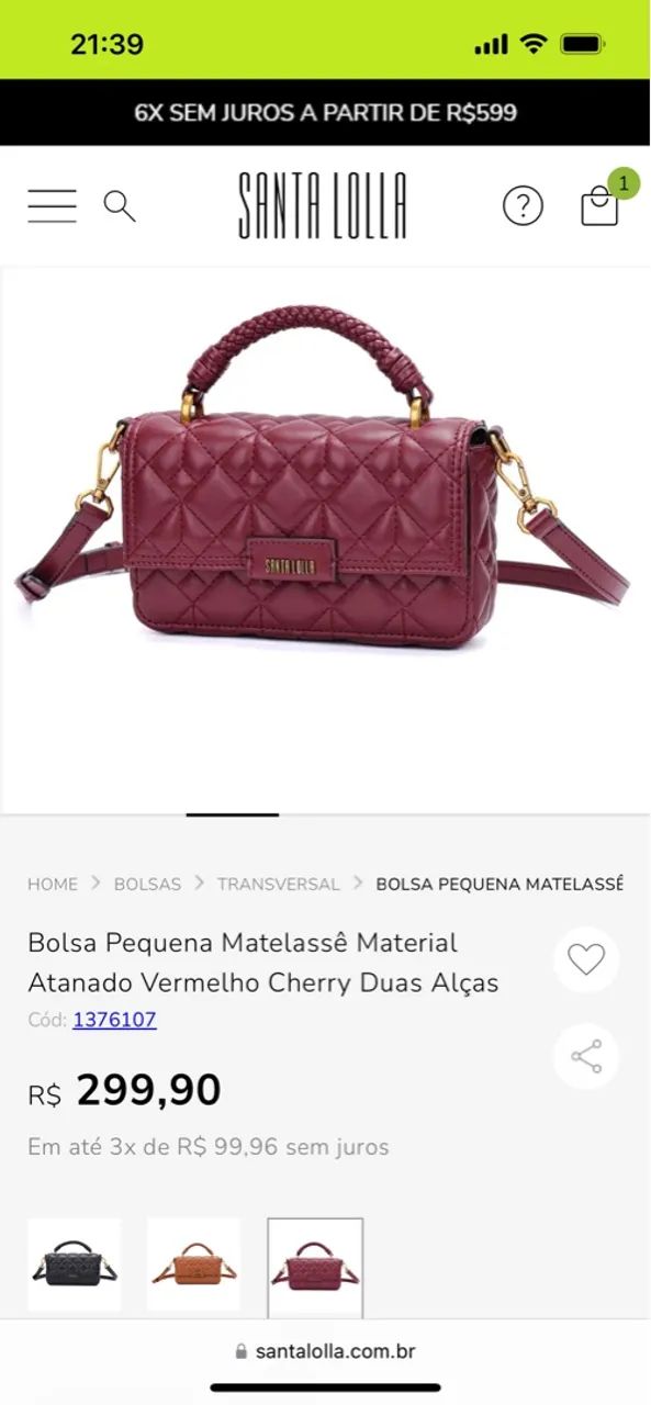 Bolsa Pequena Matelassê Santa Lolla Vermelho Cherry