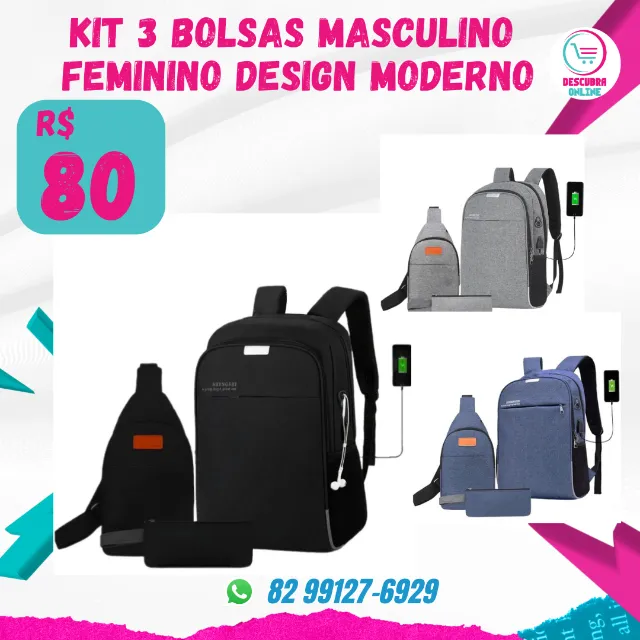 Kit 3 Bolsas Masculino Feminino Design Moderno