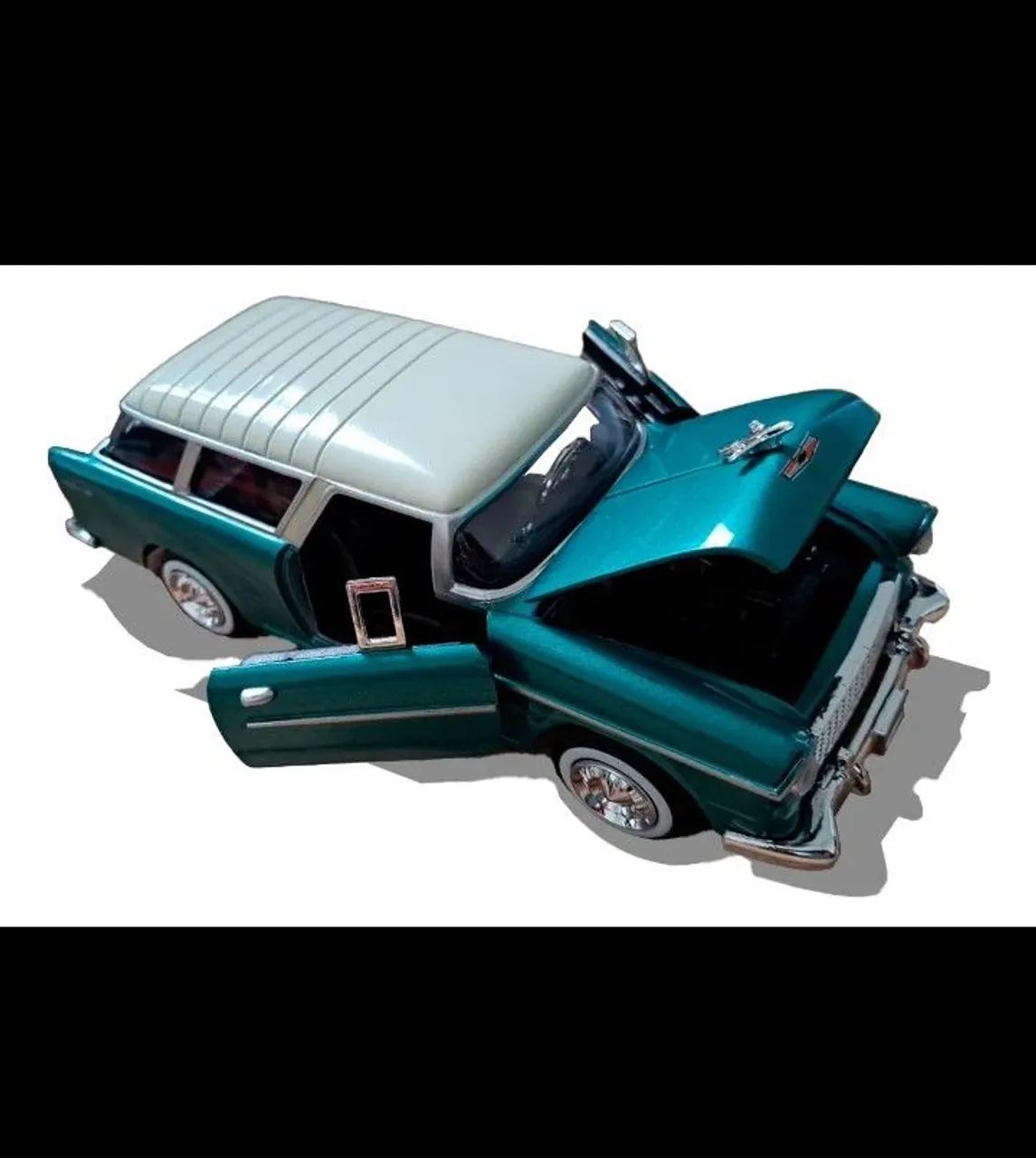 Mini 1955 Chevy Bel Air Nomad. Verde e branco. Motor Max. Escala 1:24.   - Foto 5
