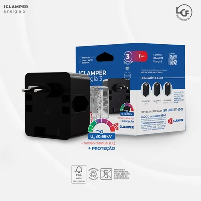 Filtro de linha 3 tomadas Iclamper (DPS) 127/220 volts 10 amperes LCF