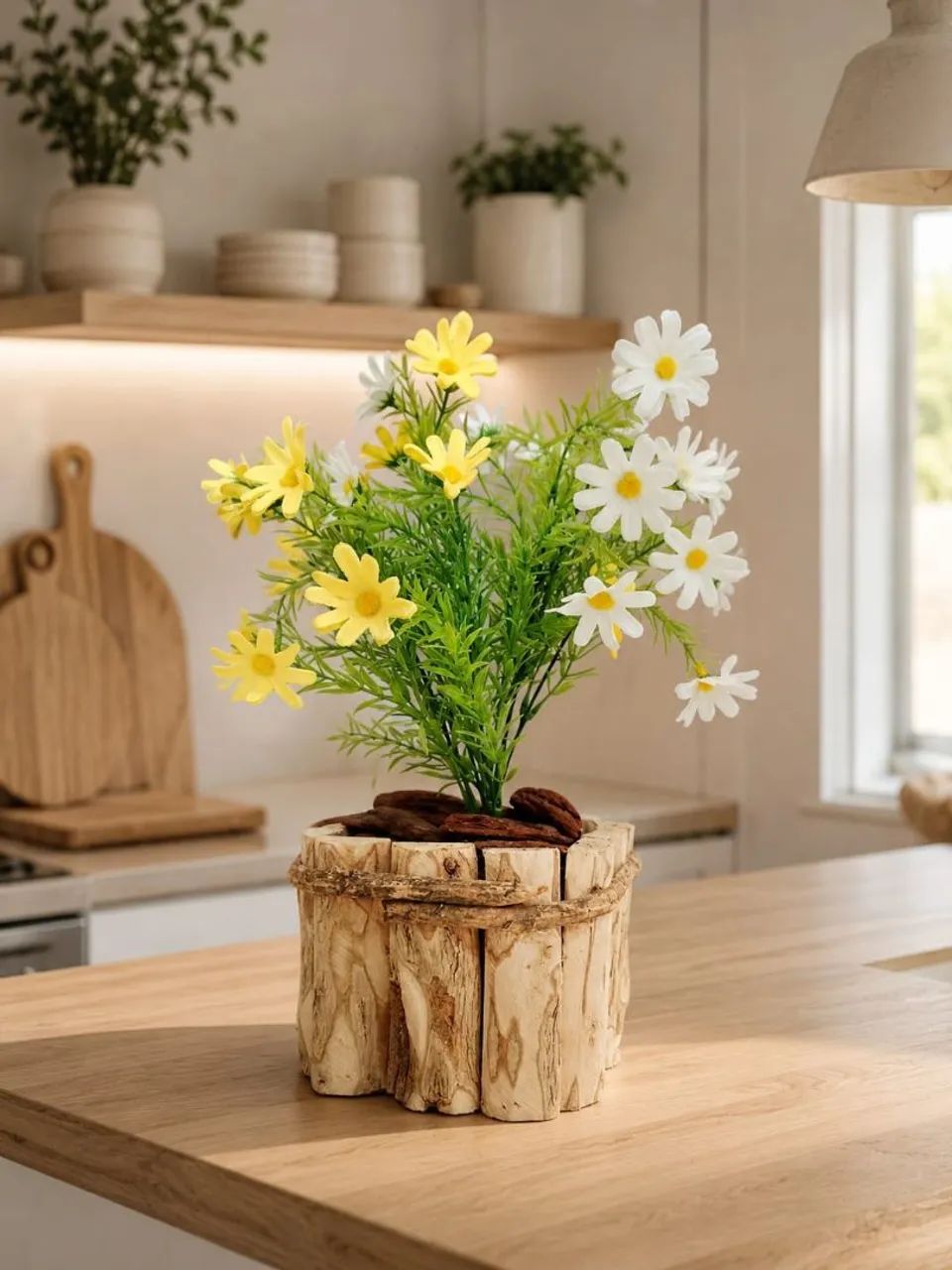 Cachepôs de madeira com margaridas