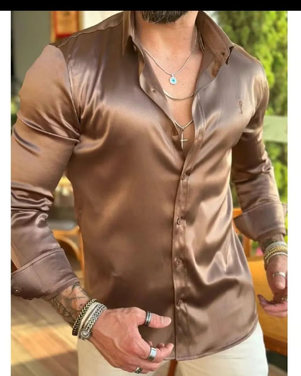 Camisa Zip Off Marrom acetinado, Tam. G - Foto 3