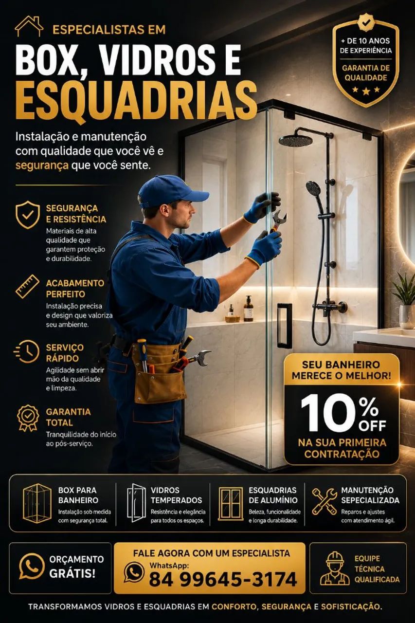 Instalação e manutenção de box, vidros e esquadrias
