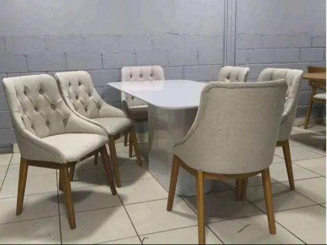 Conjunto Mesa de Jantar Serena e 6 Cadeiras Elisa Capitonê 180x90cm