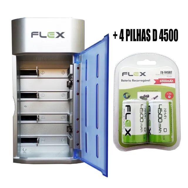 Carregador de Pilhas Flex AA AAA C D Baterias 9v Led com 4 Pilhas C 4500 mAh Recarregáveis - Foto 2