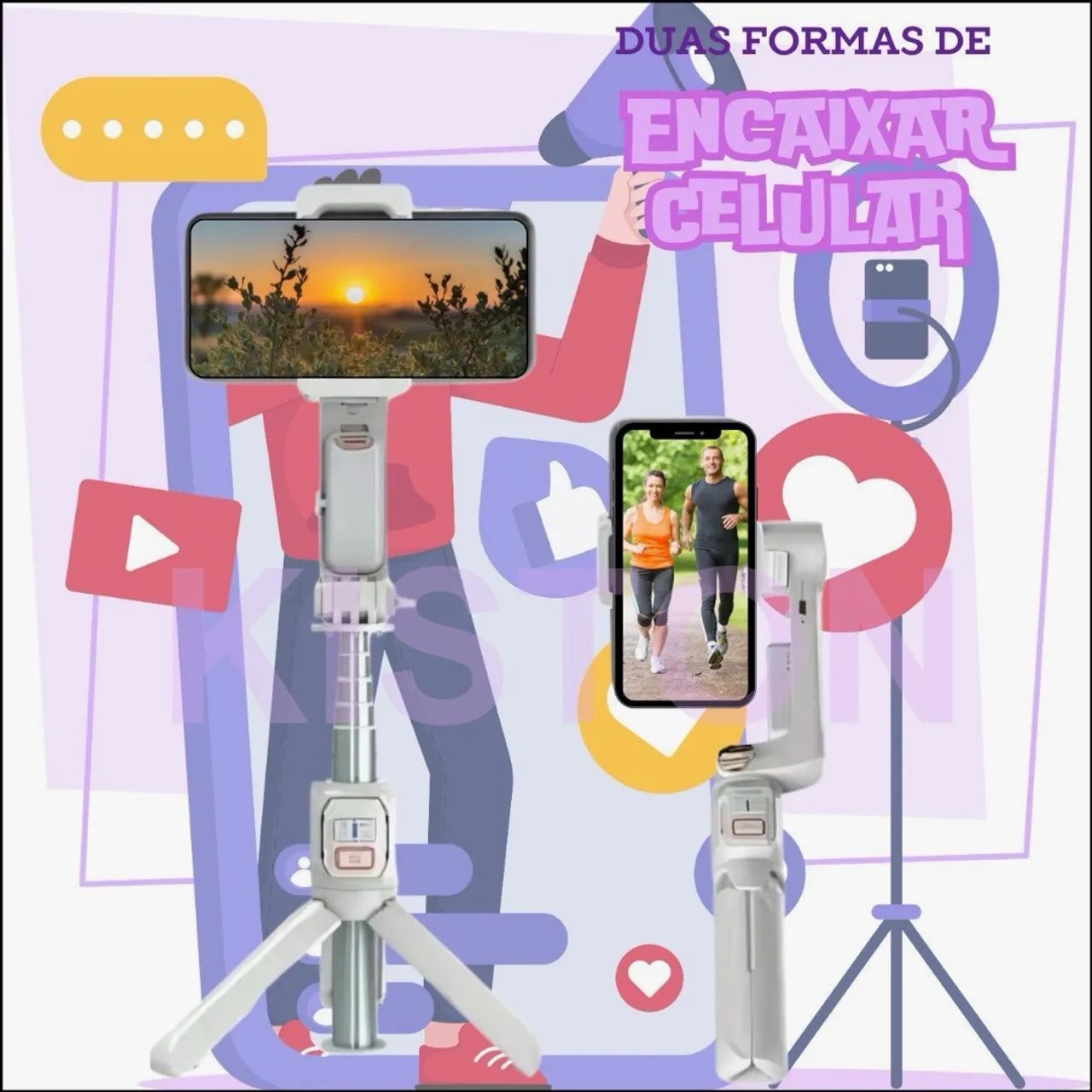 Gimbal  bastão self Estabilizador imagem 2 eixos  - Luz preenchimento - Foto 3