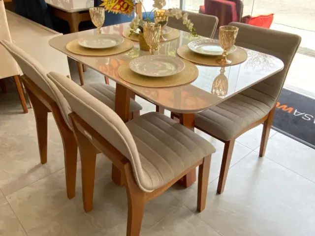 Mesa de Jantar Elegante com Base de Madeira Maciça e 4 Cadeiras Confortáveis - Foto 2
