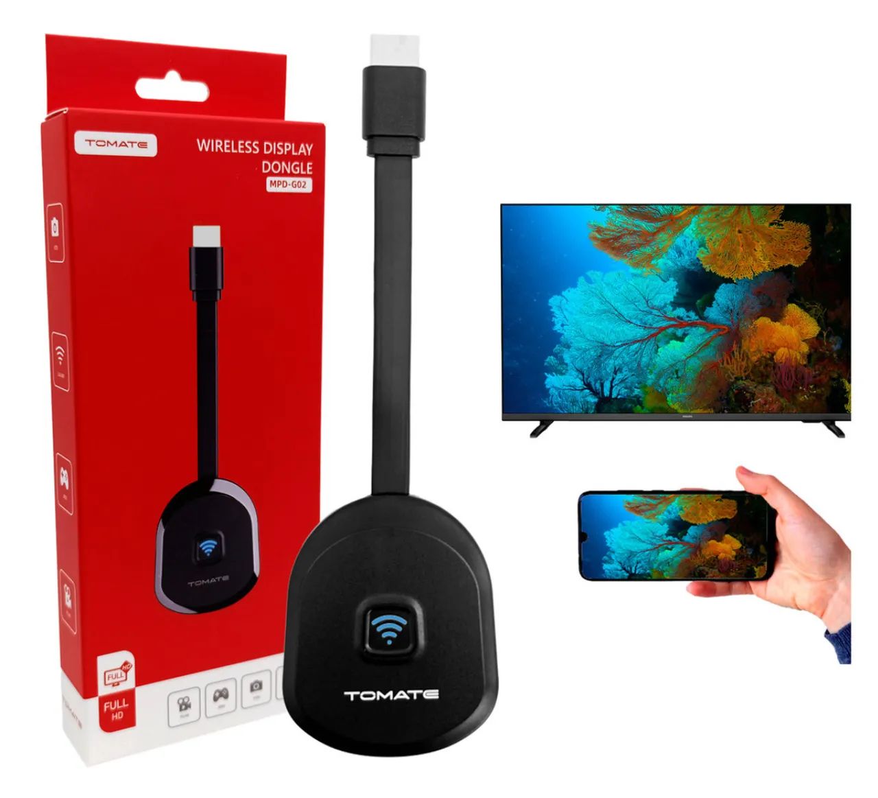 TRANSMISSOR APTADOR DE VIDEO WIRELESS PARA ESPELHAMENTO TOMATE MPD-G02 