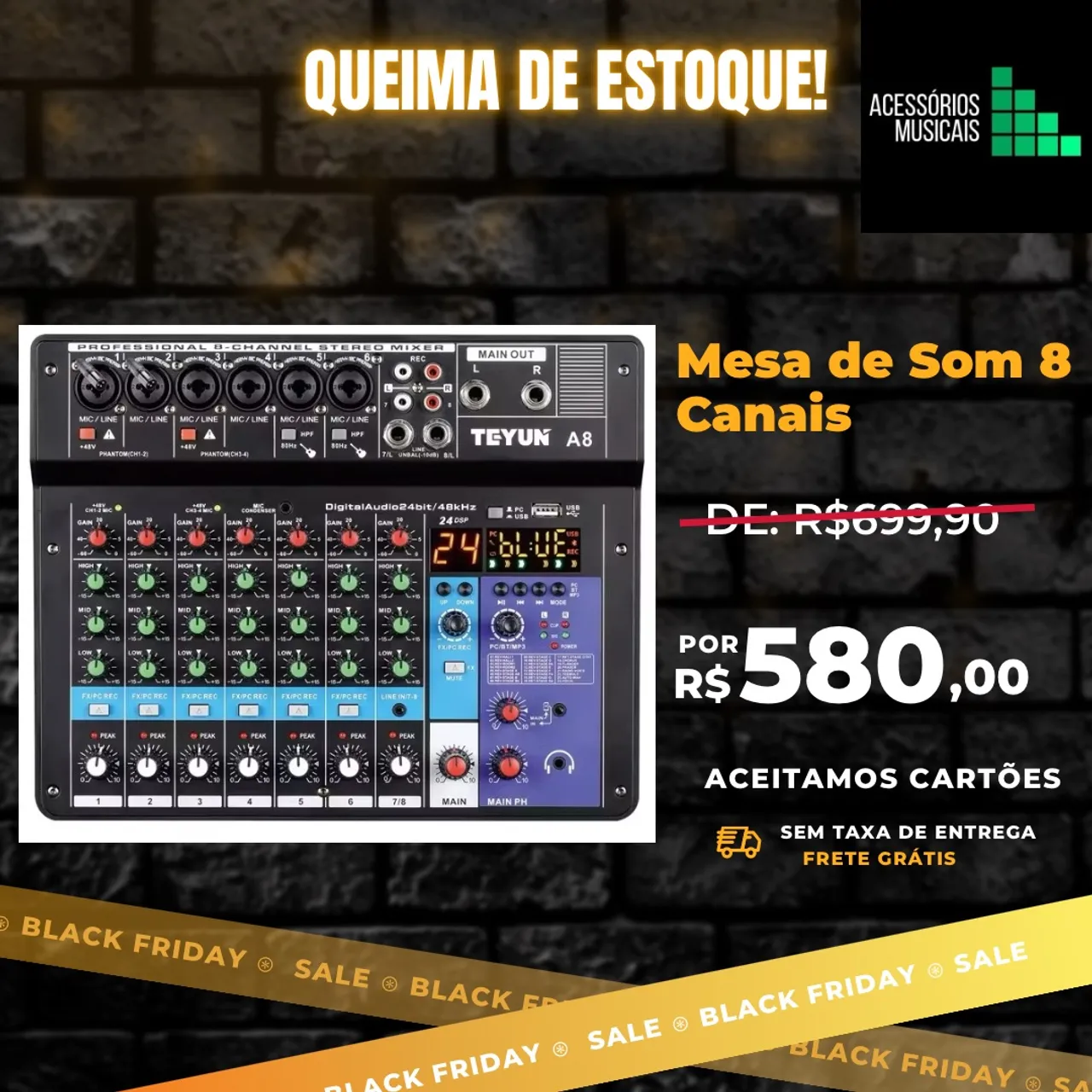 Mesa de Som 8 Canais TEYUN A8 - Black Friday