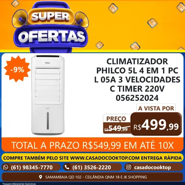 CLIMATIZADOR PHILCO 5L 4 EM 1 PCL05A 3 VELOCIDADES C/ TIMER 220V 056252024