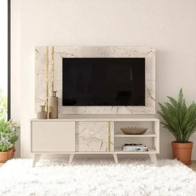 Conjunto Rack com painel cronos calacata off white (ate 65 polegadas)