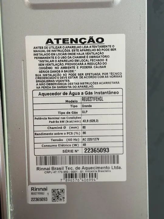 Aquecedor a Gás - 27L Rinnai com Kit de ligação 