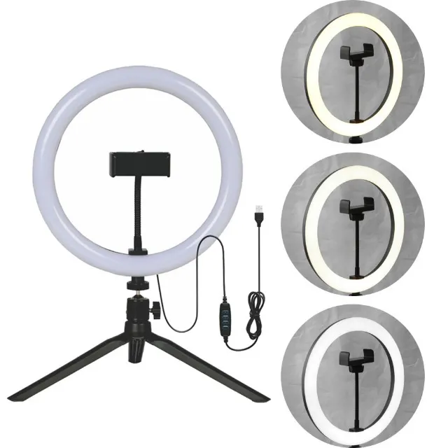 RING LIGHT LED 10'' 8W 3000K/4200K/6500K PRETA 5V USB C/ TRIPE 19CM E SUPORTE P/ CELULAR