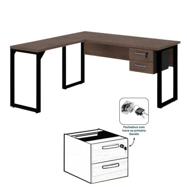 Mesa em L Pé Quadro 1,70m + Auxiliar c/ Gavetas Marsala/Preto Escritório Modelo 25479