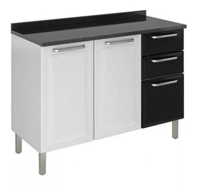 Balcao Itatiaia Branco/preto Tarsila Com Tampo 2 Portas 3 Gavetas