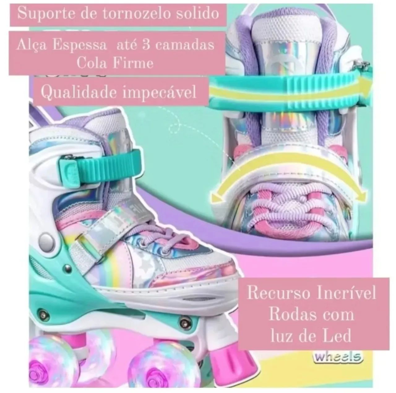 Patins 4 Rodas ARCO ÍRIS Com Luz De Led E Glitter Top - Foto 3