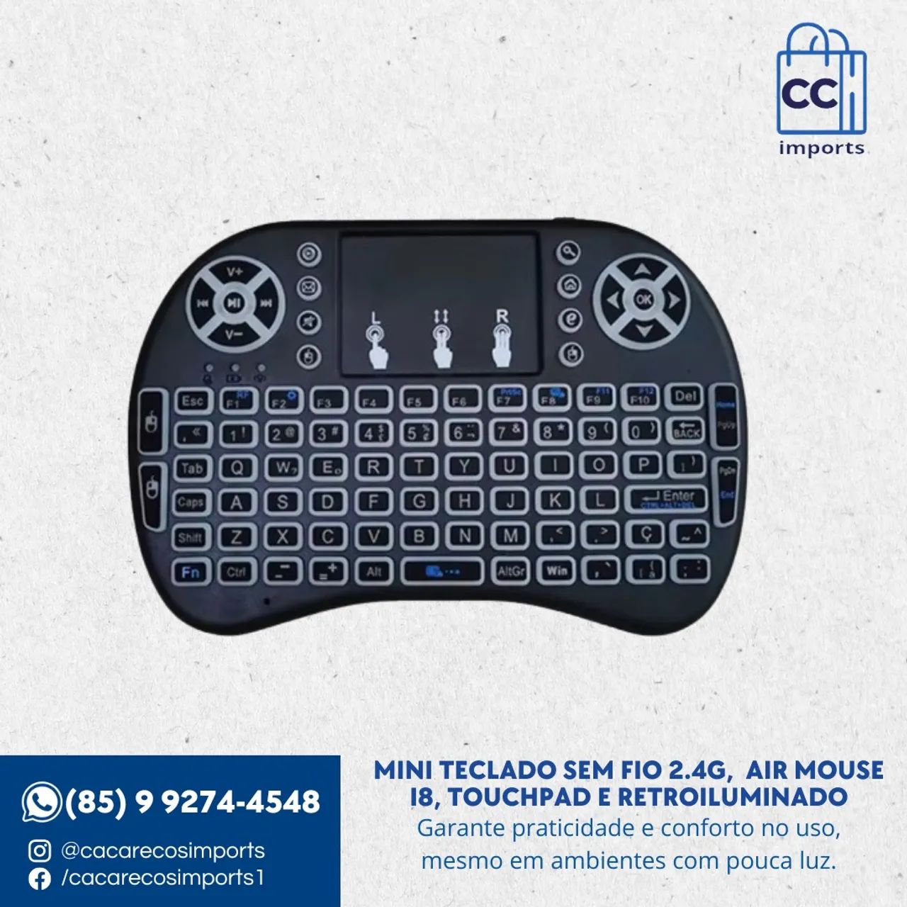 Mini Teclado Sem Fio 2.4G,  Air Mouse i8, Touchpad e Retroiluminado