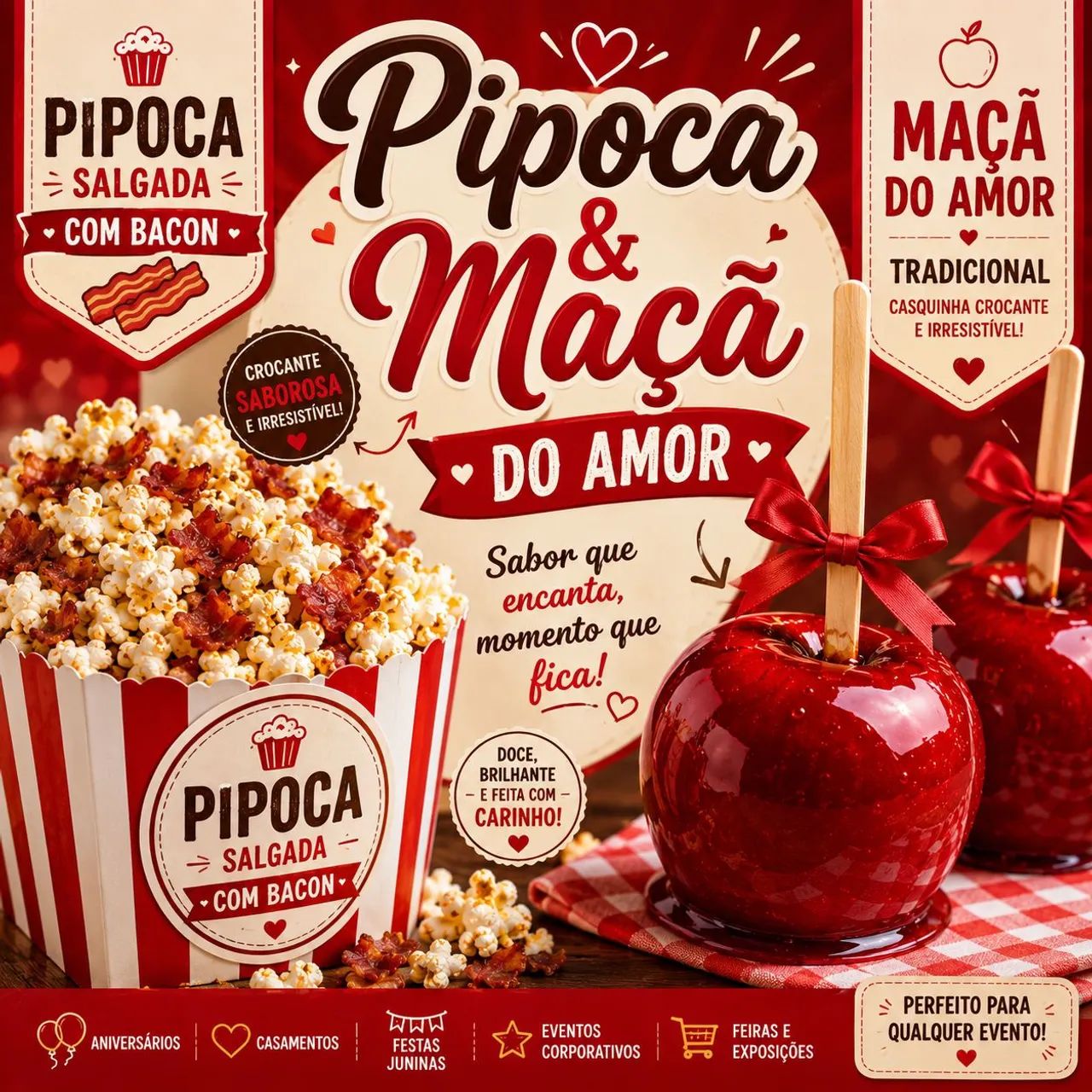 Maçã do amor e pipoca para seu evento 