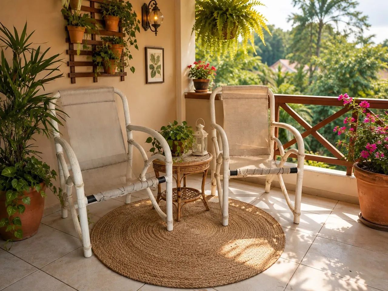 Conjunto de 2 Cadeiras de Pátio Vintage em Rattan Branco e Tecido Sling Precisa Reforma 