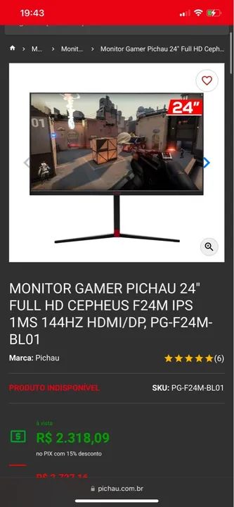 Monitor pichau 144hz 24Pol 1Ms Freesync 