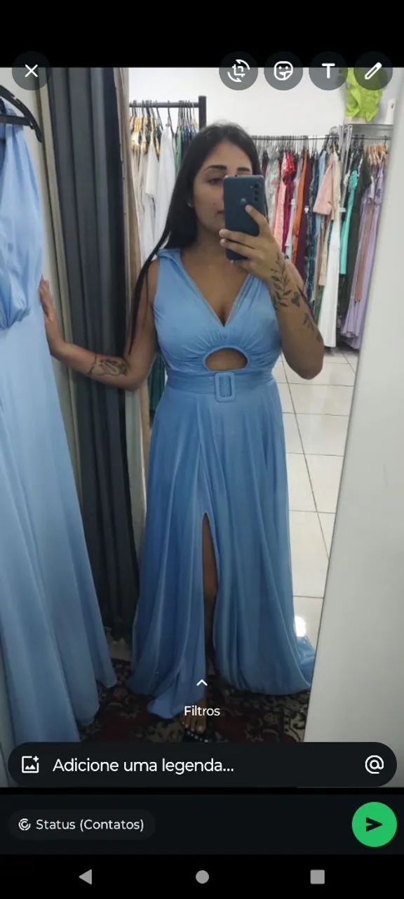 Vestido de festa  azul  serene longo com decote em V