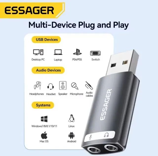 Placa de som USB - Original ESSAGER - Fone e Microfone - PC - NOTEBOOK - PS4 - PS5