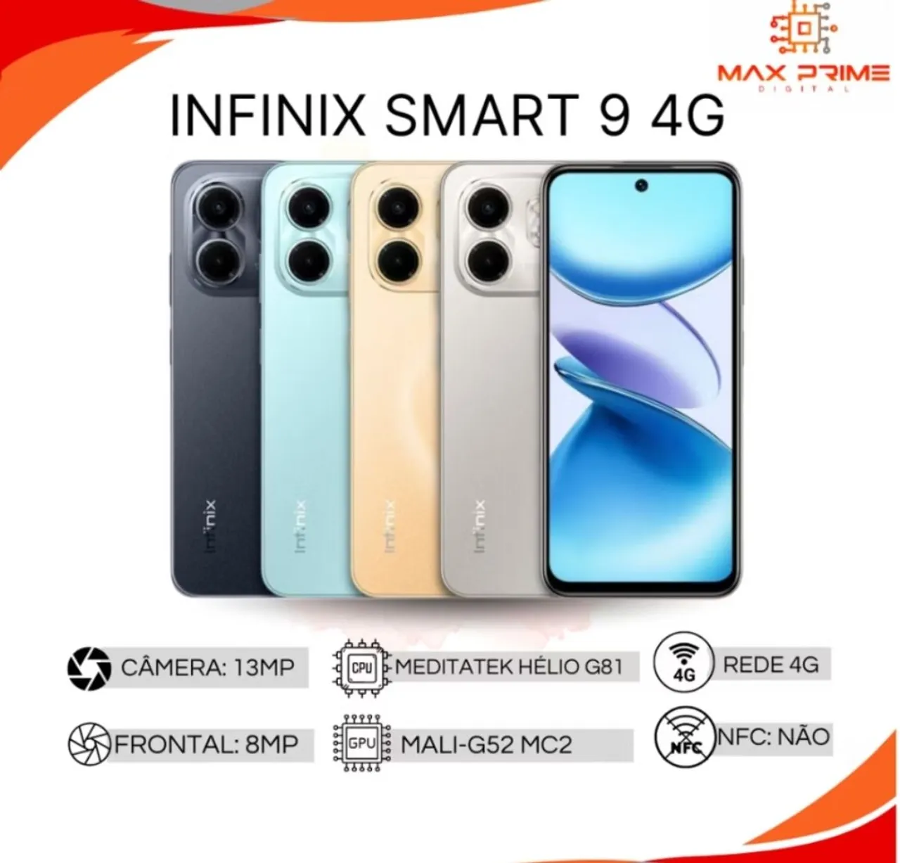 Infinix Smart 9, 128GB 4GB RAM Câmera 13MP<br>Processador Mediatek Hélio G81 Bateria 5000MAH