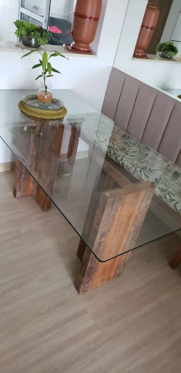 Mesa tampo de vidro em madeira de demolição  - Foto 3