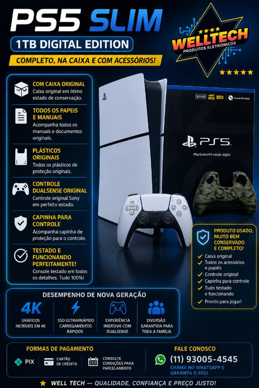 ? PS5 SLIM 1TB ? COMPLETO, COM CAIXA E ACESSÓRIOS! ?