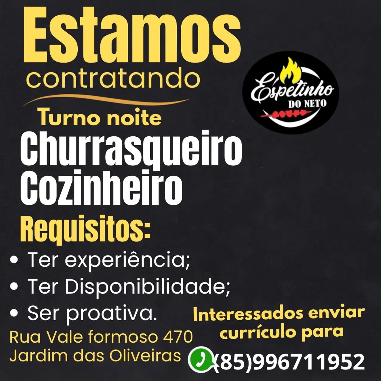 Vaga para churrasqueiro e cozinheiro