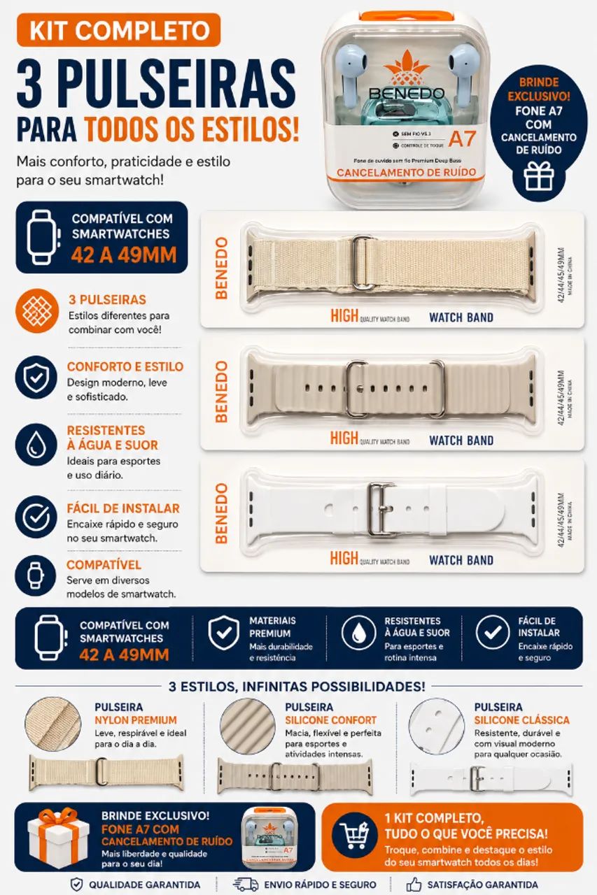KIT PULSEIRAS DE SMARTWATCH E FONE A7