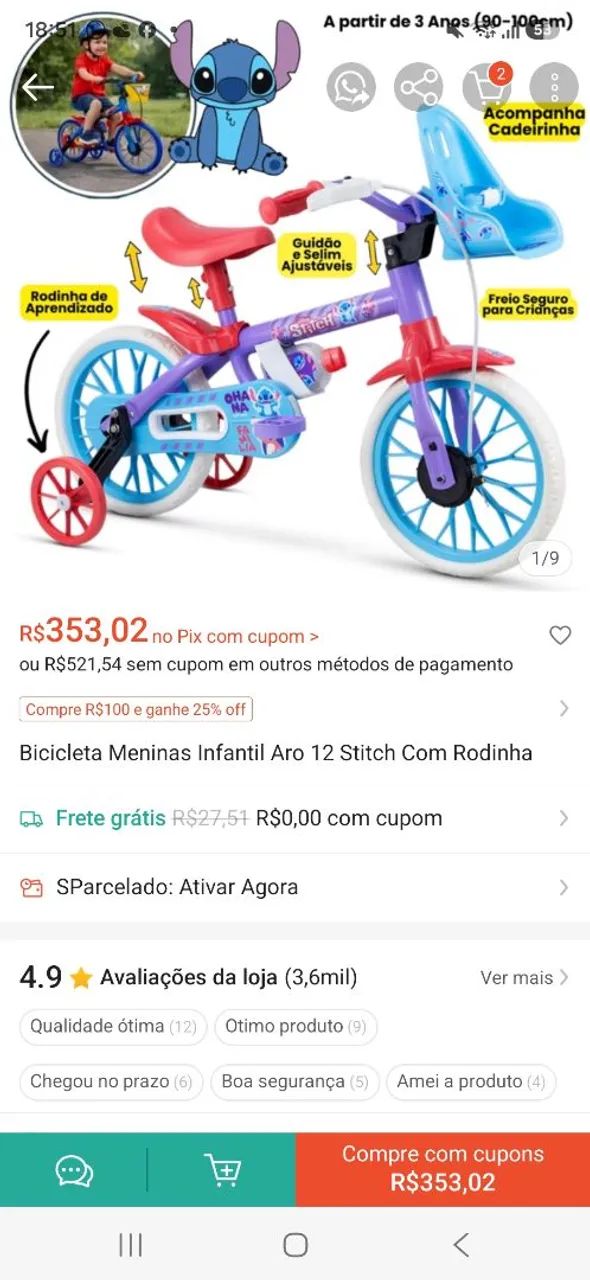 Vendo bicicleta infantil menina (stich)