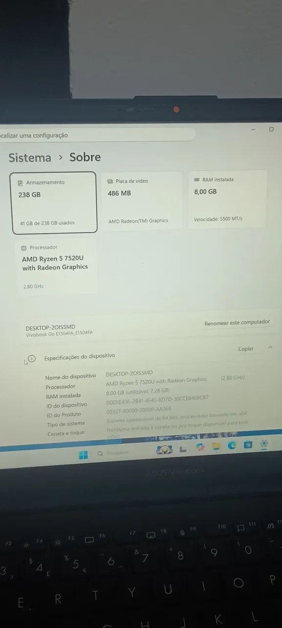 Notebook Asus Vivobook Ryzen 5 7520u 8GB 256GB 15.6" Até 18x Entrego Anápolis Goiânia<br> - Foto 3