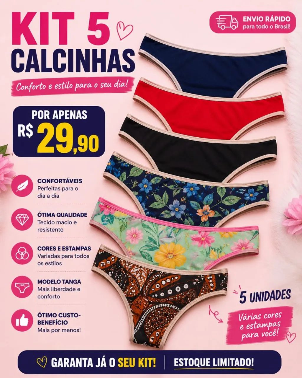 ? QUEIMA DE ESTOQUE! Kit 5 Calcinhas R$35