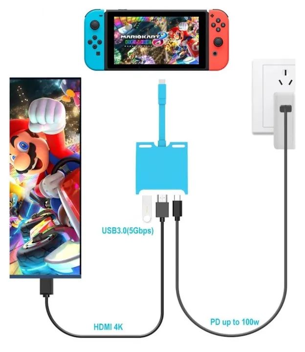 Adaptador Hub 3 em 1 Tipo-C, Docking TV Station para Nintendo Switch, PC, Mac, Smartphone - Foto 2