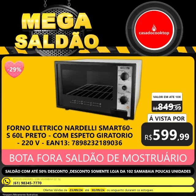 Forno eletrico nardelli smart60-s 60l preto - com espeto giratorio