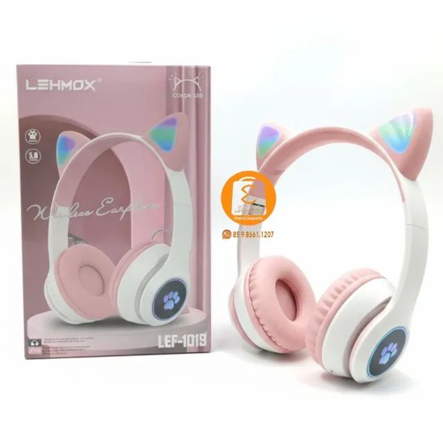 Fone de Ouvido Led sem Fio Bluetooth Rosa Bluetooth "Orelha de Gatinho" Dobrável