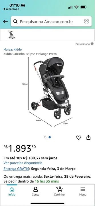 Carrinho de Bebê Kiddo Eclipse Melange Preto - Novo