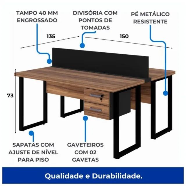 Estação de Trabalho 2 Lugares 1,50×1,35m c/ Gavetas Tomada Pé Quadro Nogal Sevilha 63099 - Foto 5
