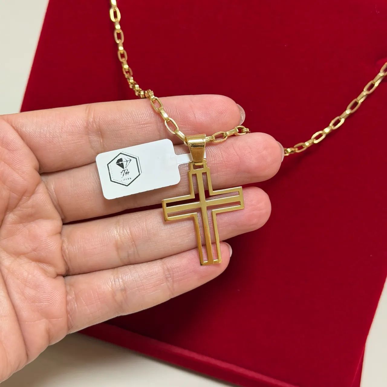 Corrente Tijolinho com Pingente Cruz Ouro 18K - Foto 3