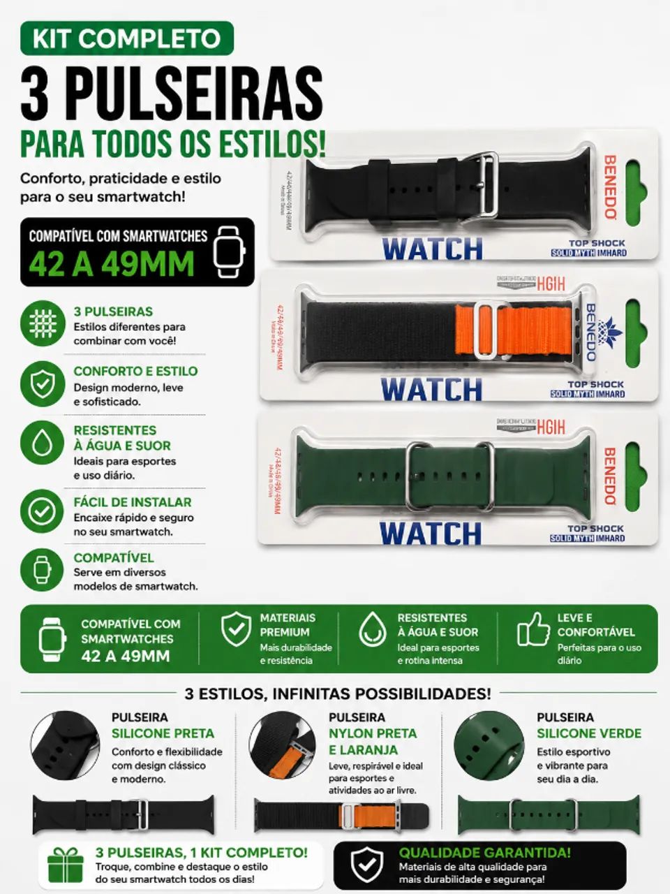 KIT TRÊS PULSEIRAS SMARTWATCH 