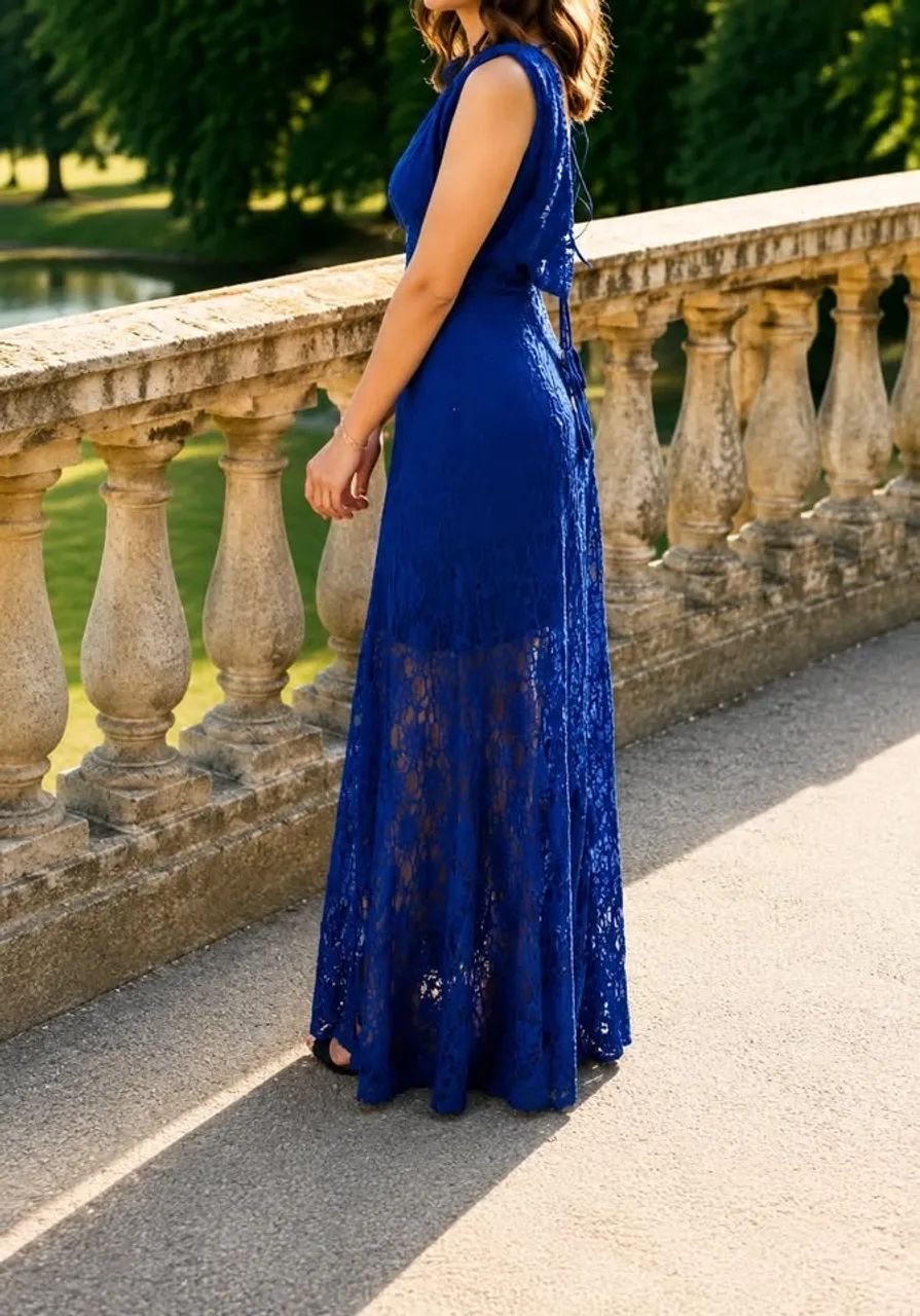 Vestido Longo de Renda Azul Royal com Xale - Foto 2