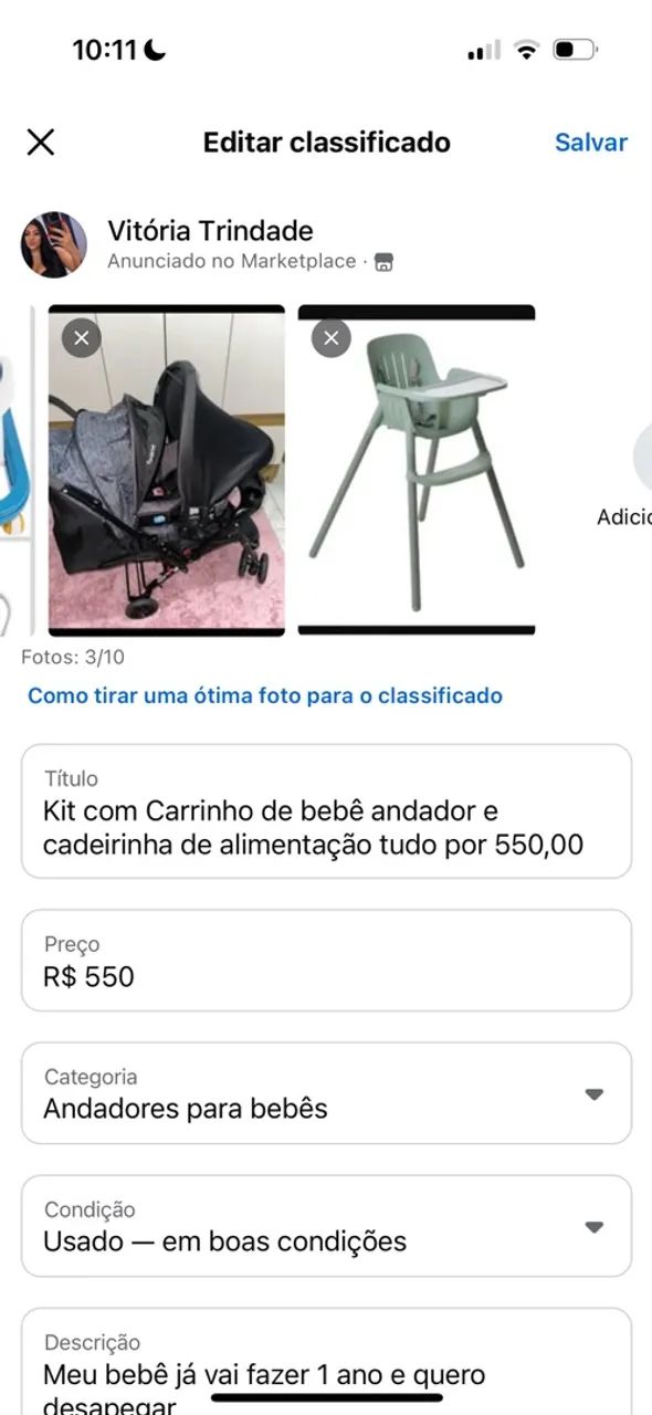 Cadeirinha de alimentação e carrinho de bebê 